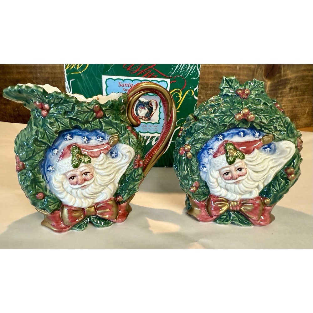 Rare Fitz & Floyd  Omnibus Santa Wreath Sugar‎ & Creamer Set - 4" W/Original Box